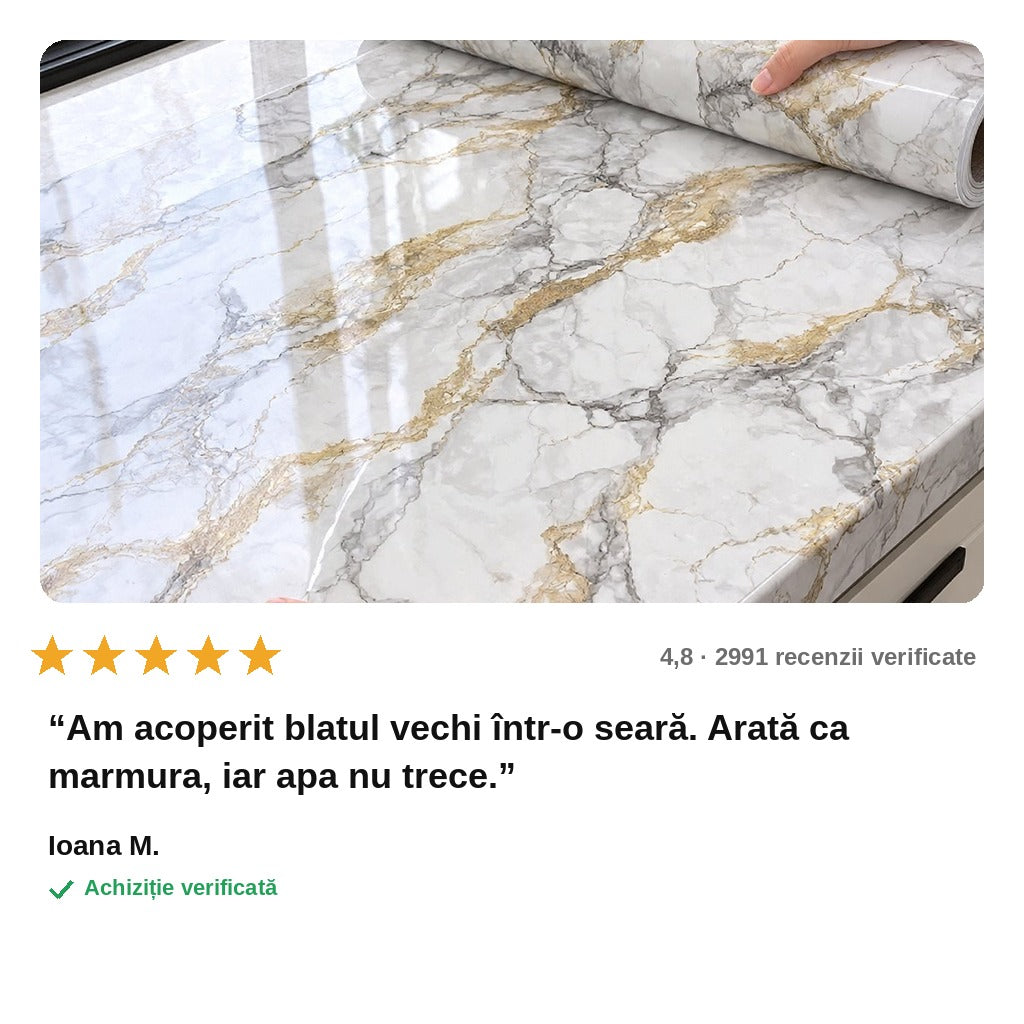 avis — Folie autoadezivă imitație marmură 60 x 300 cm – rezistentă la apă, pentru blat, bucătărie și baie