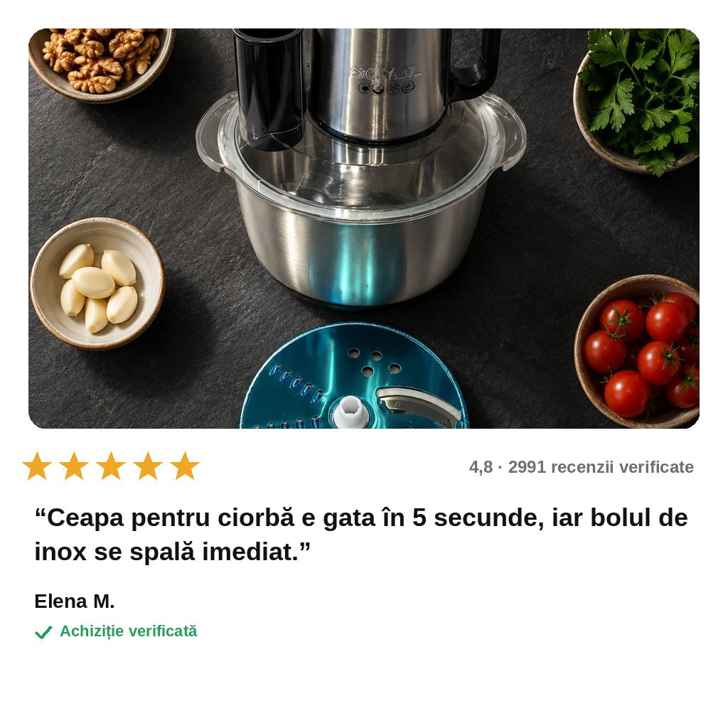 avis — Tocător electric multifuncțional 700 W – bol inox 2 L, 4 lame, 2 viteze