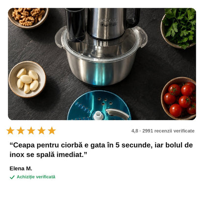 avis — Tocător electric multifuncțional 700 W – bol inox 2 L, 4 lame, 2 viteze