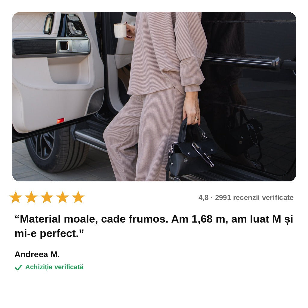 avis — VelvaRib™ – Compleu din catifea reiată, bluză lejeră + pantalon cu talie înaltă elastică, Cappuccino