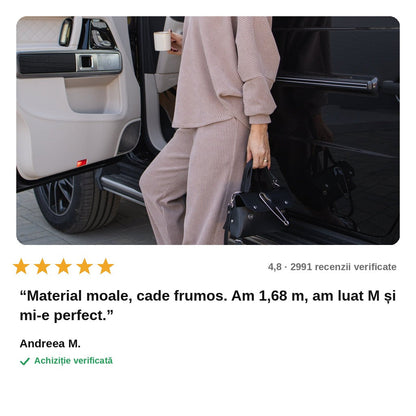 avis — VelvaRib™ – Compleu din catifea reiată, bluză lejeră + pantalon cu talie înaltă elastică, Cappuccino
