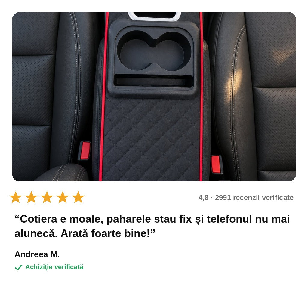 avis — Consolia™ – Cotieră Auto Matelasată cu 2 Suporturi de Pahare și Buzunare de Depozitare