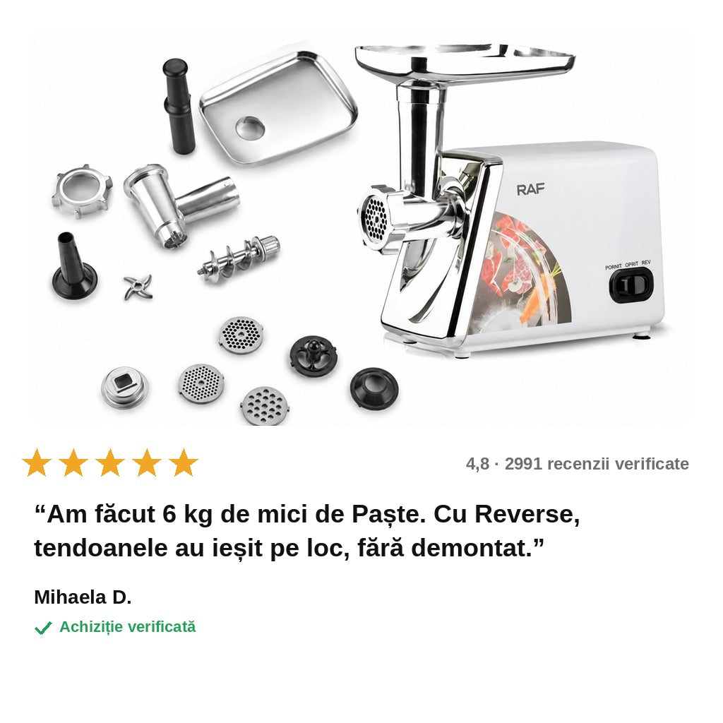 avis — Mașină de tocat carne electrică cu funcție Reverse – site inox 3, 5 și 8 mm, duze pentru cârnați și chiftele