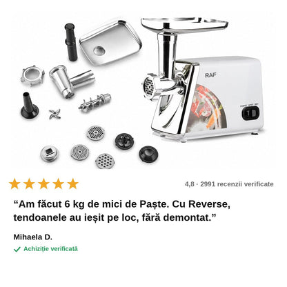 avis — Mașină de tocat carne electrică cu funcție Reverse – site inox 3, 5 și 8 mm, duze pentru cârnați și chiftele