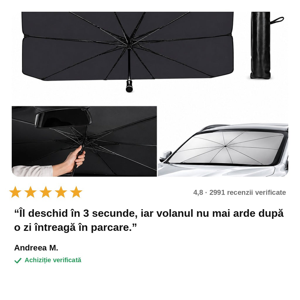 avis — Parasolar umbrelă pentru parbriz – pliabil, cu husă compactă