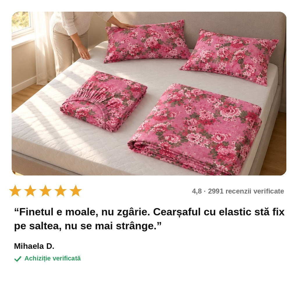 avis — Lenjerie de pat din finet, set 4 piese, cu cearșaf cu elastic 200x230 cm