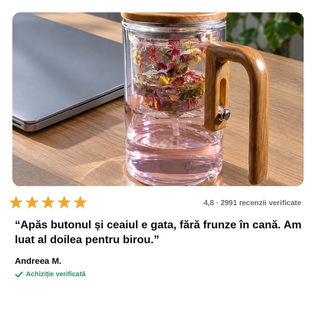 avis — Ceainic din sticlă 600 ml cu infuzor și mâner din lemn
