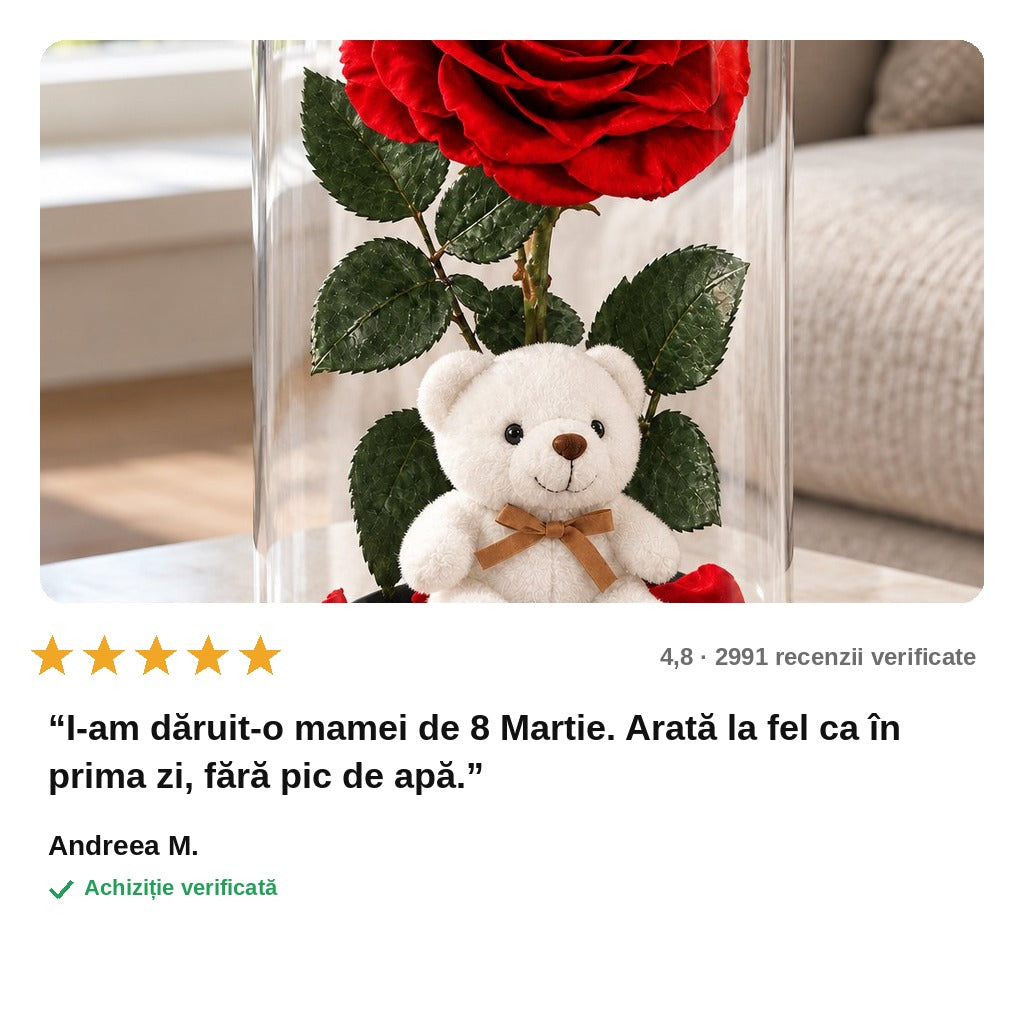 avis — Trandafir Criogenat în Cupolă de Sticlă, cu Ursuleț