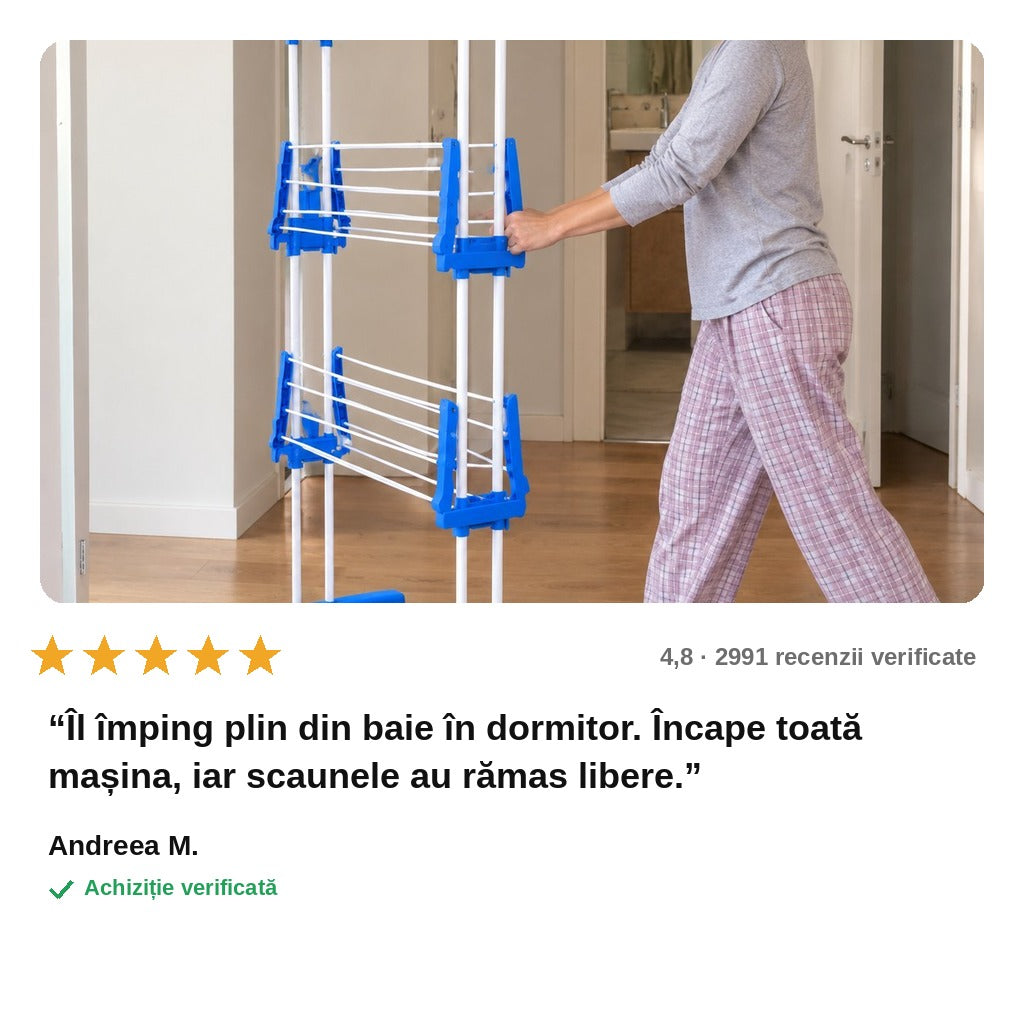 avis — Uscător Vertical de Rufe pe Roți – 3 Niveluri, Extensibil până la 64x170 cm, 14 Umerașe