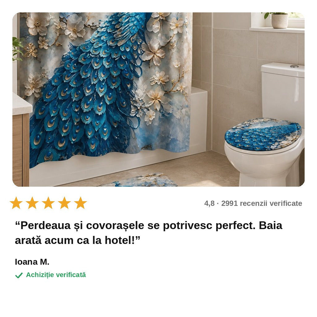 avis — Set de baie Păun – perdea de duș, 2 covorașe și husă capac WC