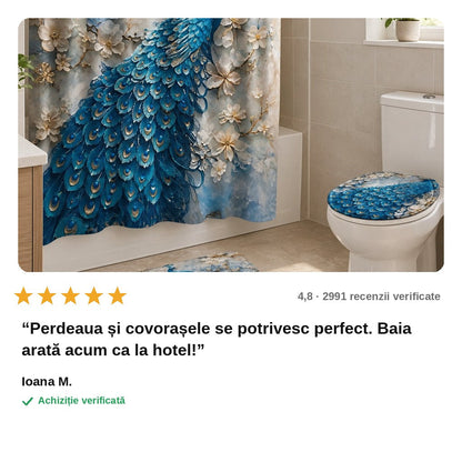 avis — Set de baie Păun – perdea de duș, 2 covorașe și husă capac WC