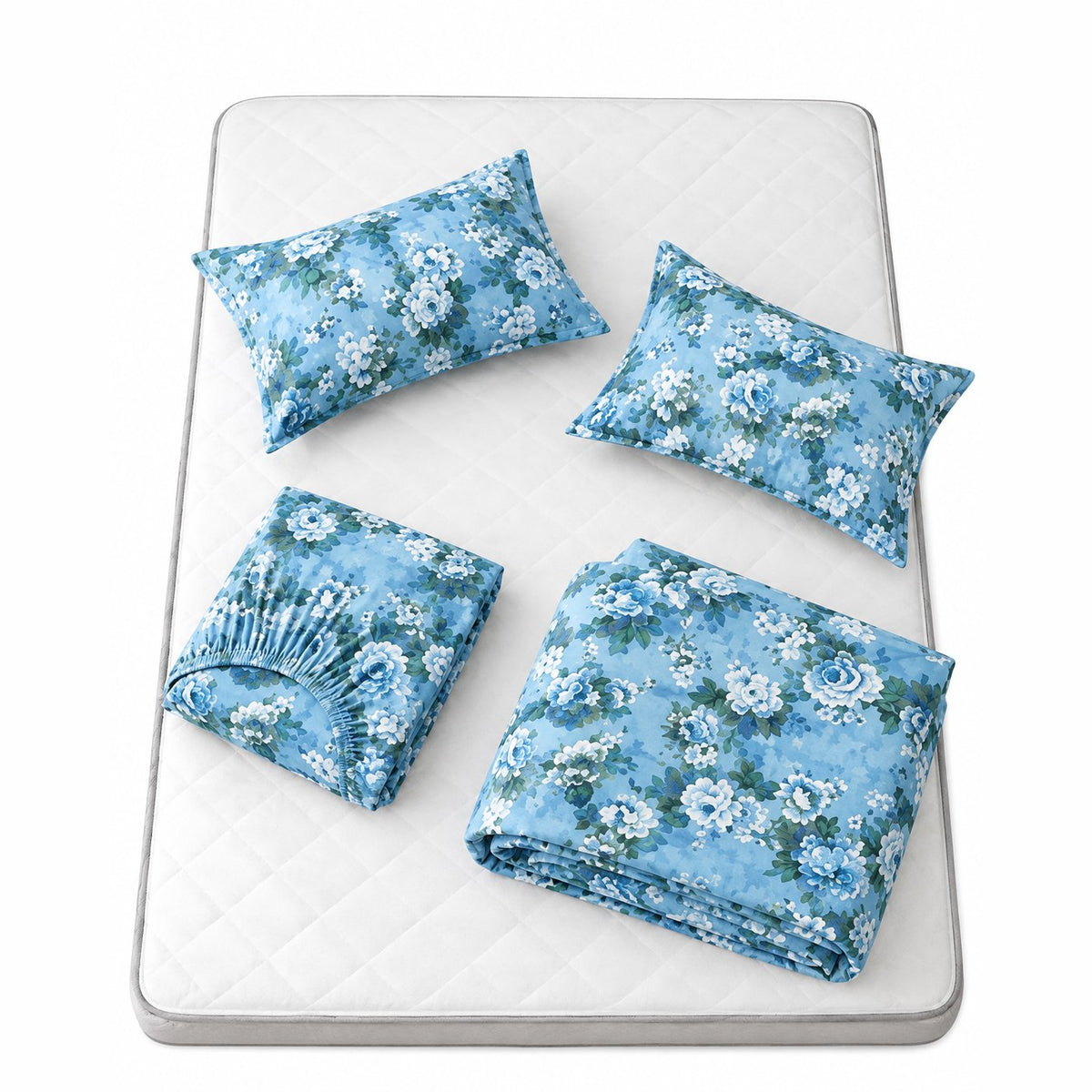couleur Azur — Lenjerie de pat din finet, set 4 piese, cu cearșaf cu elastic 200x230 cm