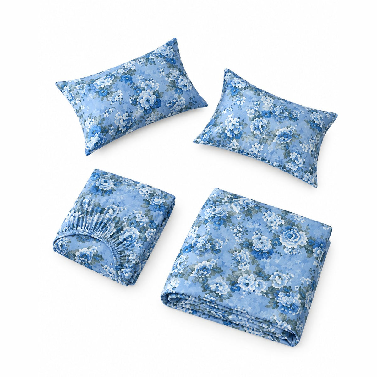 couleur Albastru — Lenjerie de pat din finet, set 4 piese, cu cearșaf cu elastic 200x230 cm