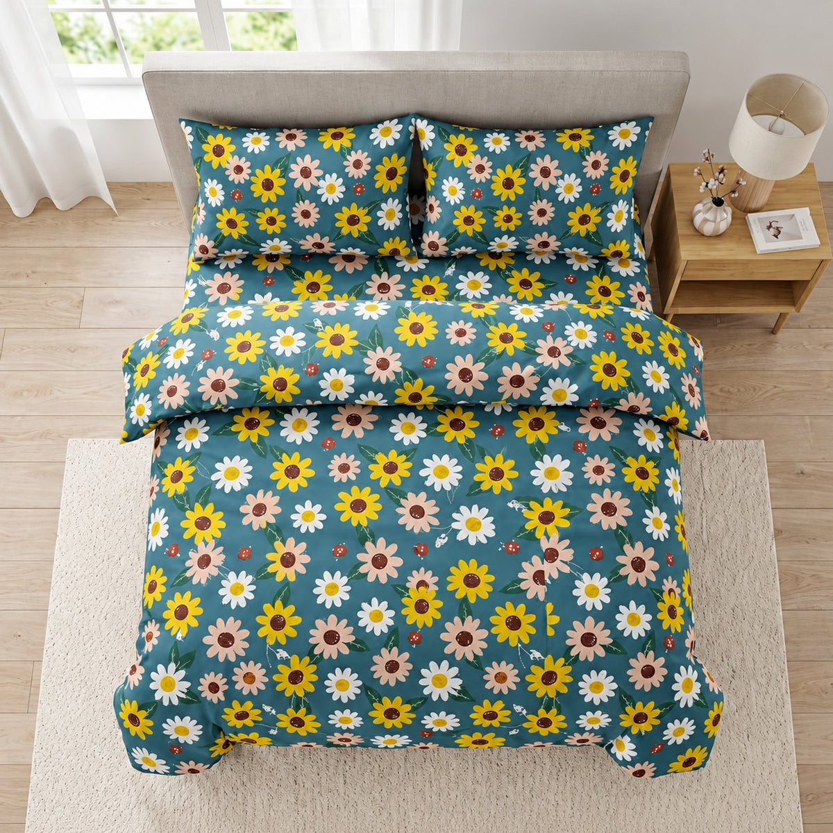 couleur Cu margarete — Lenjerie de pat din finet, set 4 piese, cu cearșaf cu elastic 200x230 cm
