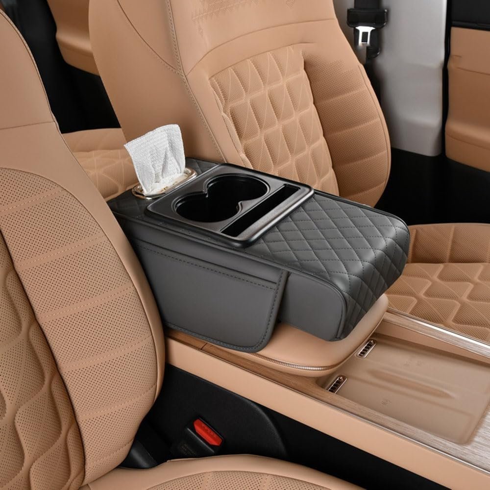 couleur Gri — Consolia™ – Cotieră Auto Matelasată cu 2 Suporturi de Pahare și Buzunare de Depozitare