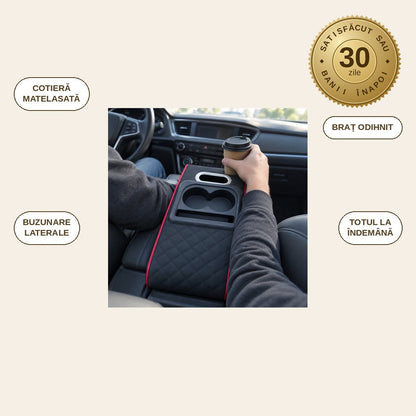 infographie — Consolia™ – Cotieră Auto Matelasată cu 2 Suporturi de Pahare și Buzunare de Depozitare