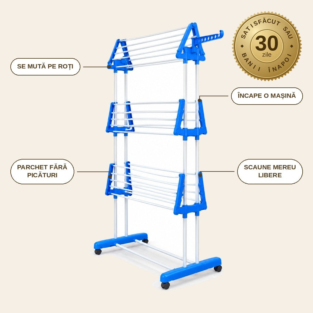 infographie — Uscător Vertical de Rufe pe Roți – 3 Niveluri, Extensibil până la 64x170 cm, 14 Umerașe