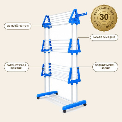 infographie — Uscător Vertical de Rufe pe Roți – 3 Niveluri, Extensibil până la 64x170 cm, 14 Umerașe