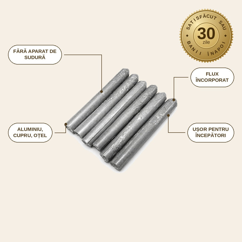 infographie — Set 10 bare de sudură la temperatură joasă – sudezi aluminiu, cupru și oțel fără aparat de sudură