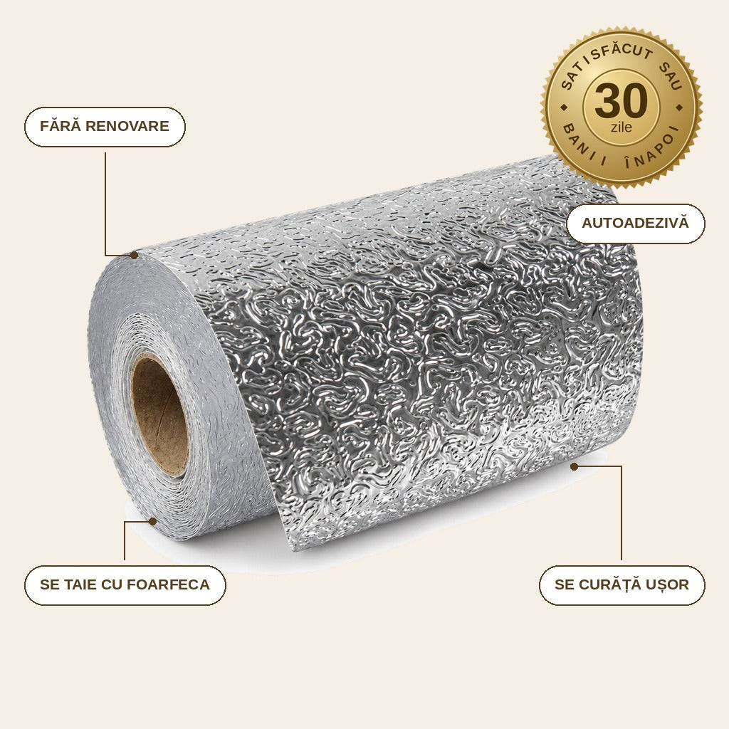 infographie — Folie autoadezivă din aluminiu pentru bucătărie – 1+1 role 60 × 300 cm
