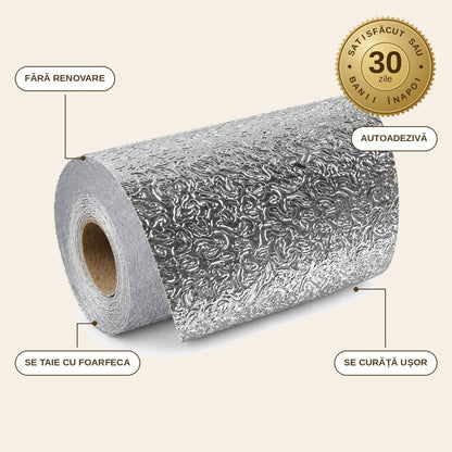 infographie — Folie autoadezivă din aluminiu pentru bucătărie – 1+1 role 60 × 300 cm