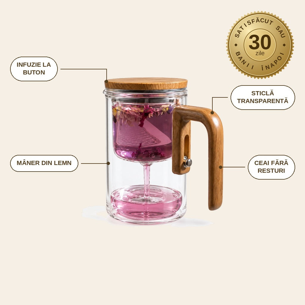 infographie — Ceainic din sticlă 600 ml cu infuzor și mâner din lemn