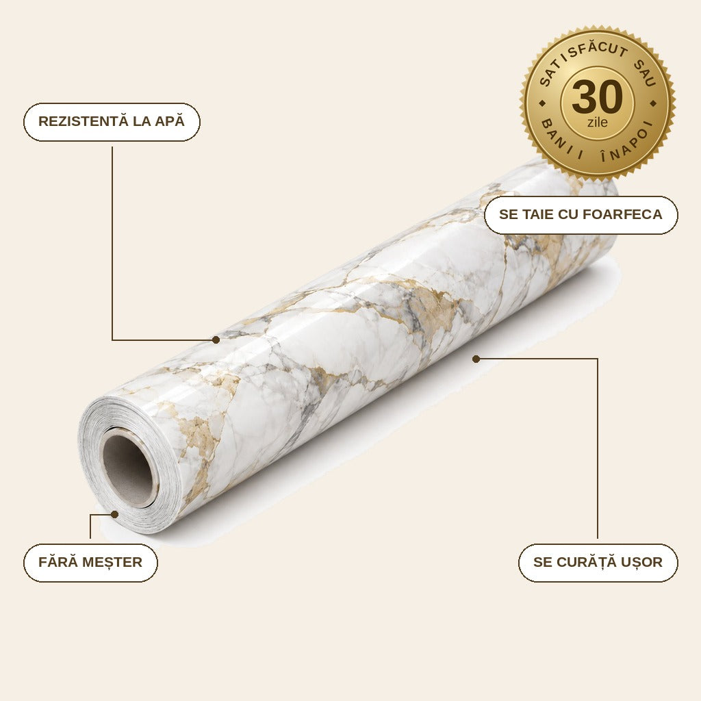 infographie — Folie autoadezivă imitație marmură 60 x 300 cm – rezistentă la apă, pentru blat, bucătărie și baie