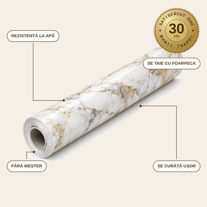 infographie — Folie autoadezivă imitație marmură 60 x 300 cm – rezistentă la apă, pentru blat, bucătărie și baie