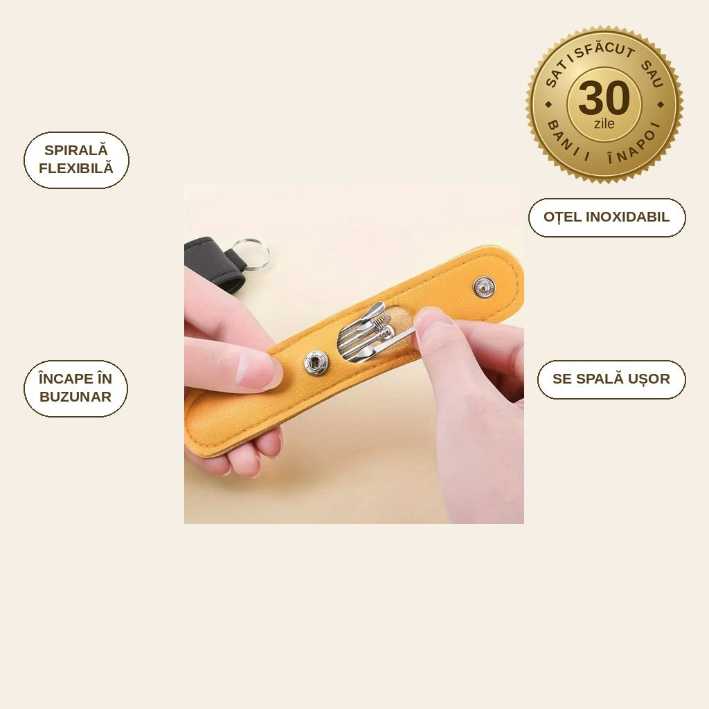 infographie — Set curățare urechi din inox – 6 instrumente, cu etui