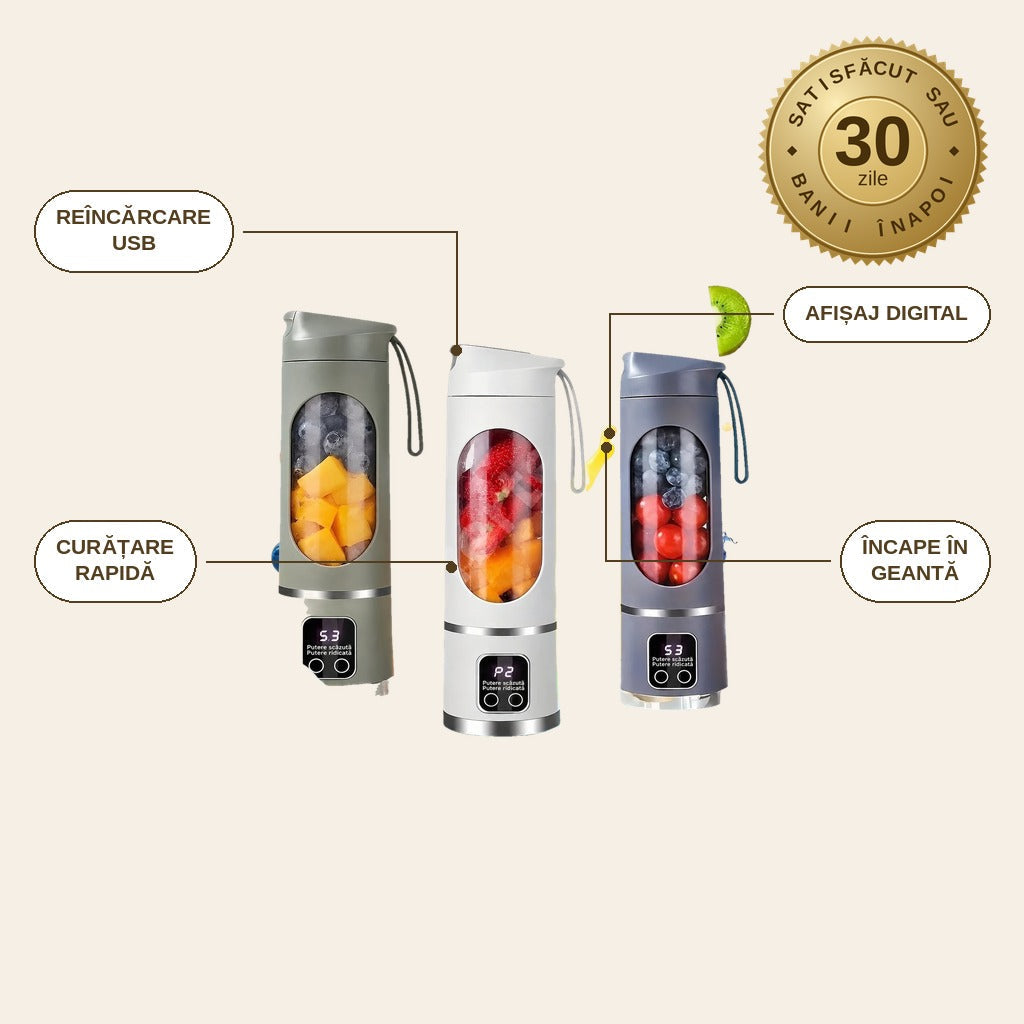 infographie — Blender Portabil USB 450 ml – 12 Lame Inox, 3 Viteze, Afișaj Digital