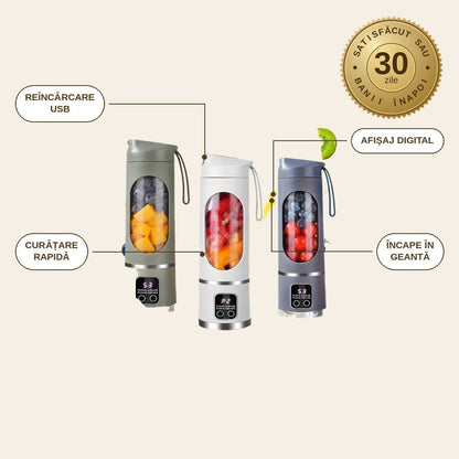 infographie — Blender Portabil USB 450 ml – 12 Lame Inox, 3 Viteze, Afișaj Digital