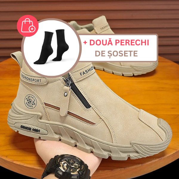 couleur Maro + două perechi de șosete — Ghete bărbați din piele întoarsă cu fermoar lateral – se încalță în câteva secun
