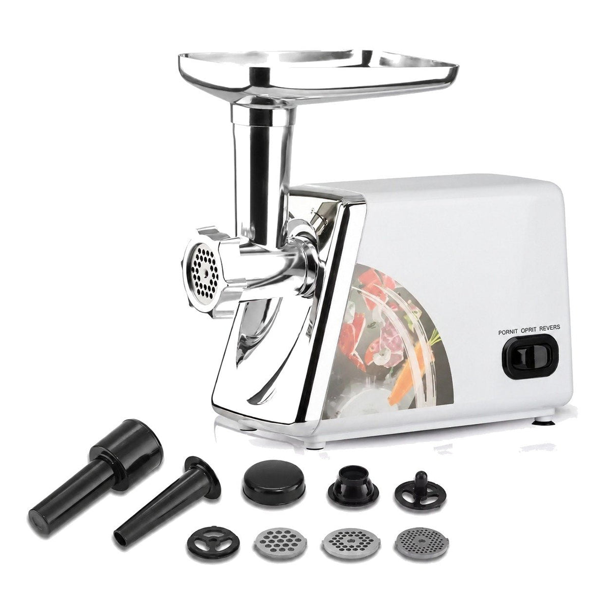 packshot — Mașină de tocat carne electrică cu funcție Reverse – site inox 3, 5 și 8 mm, duze pentru cârnați și chiftele