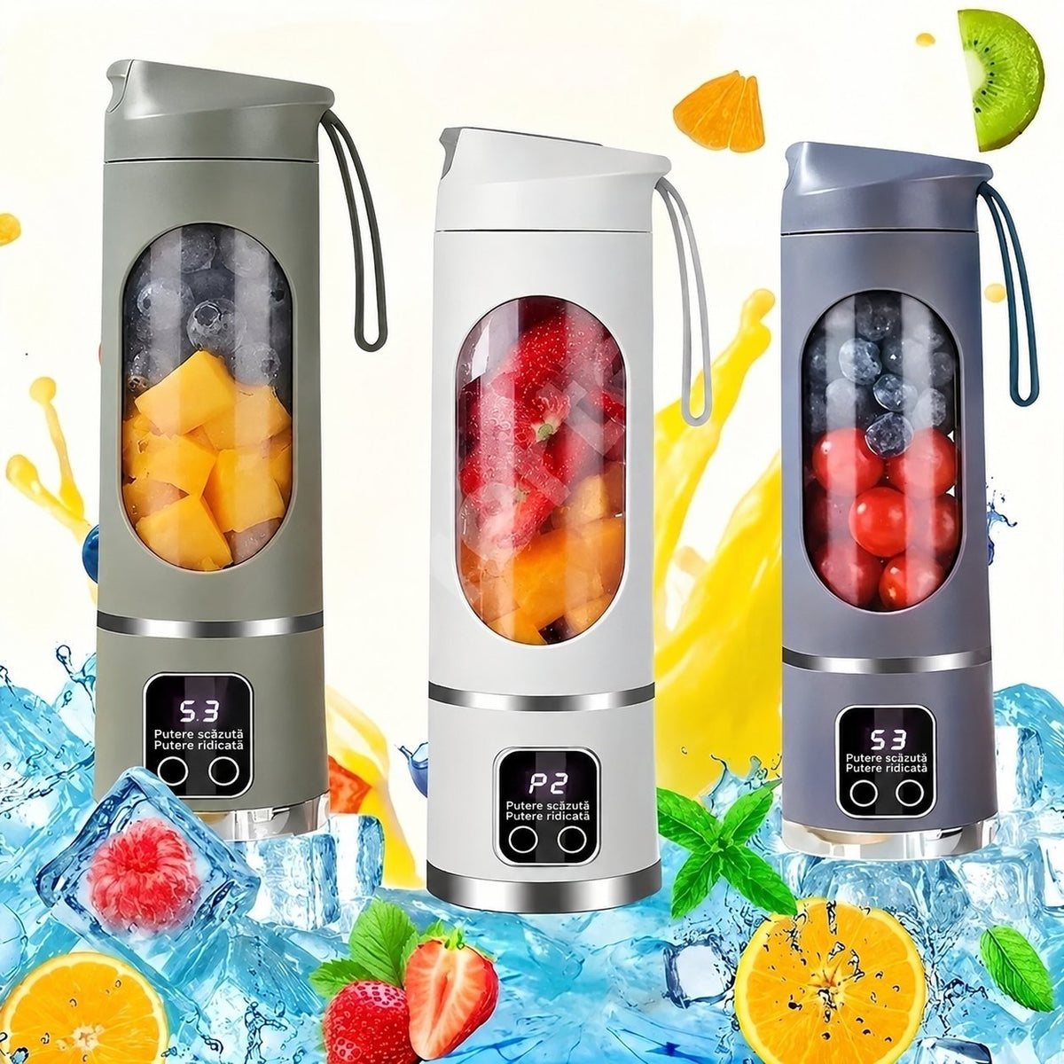 packshot — Blender Portabil USB 450 ml – 12 Lame Inox, 3 Viteze, Afișaj Digital