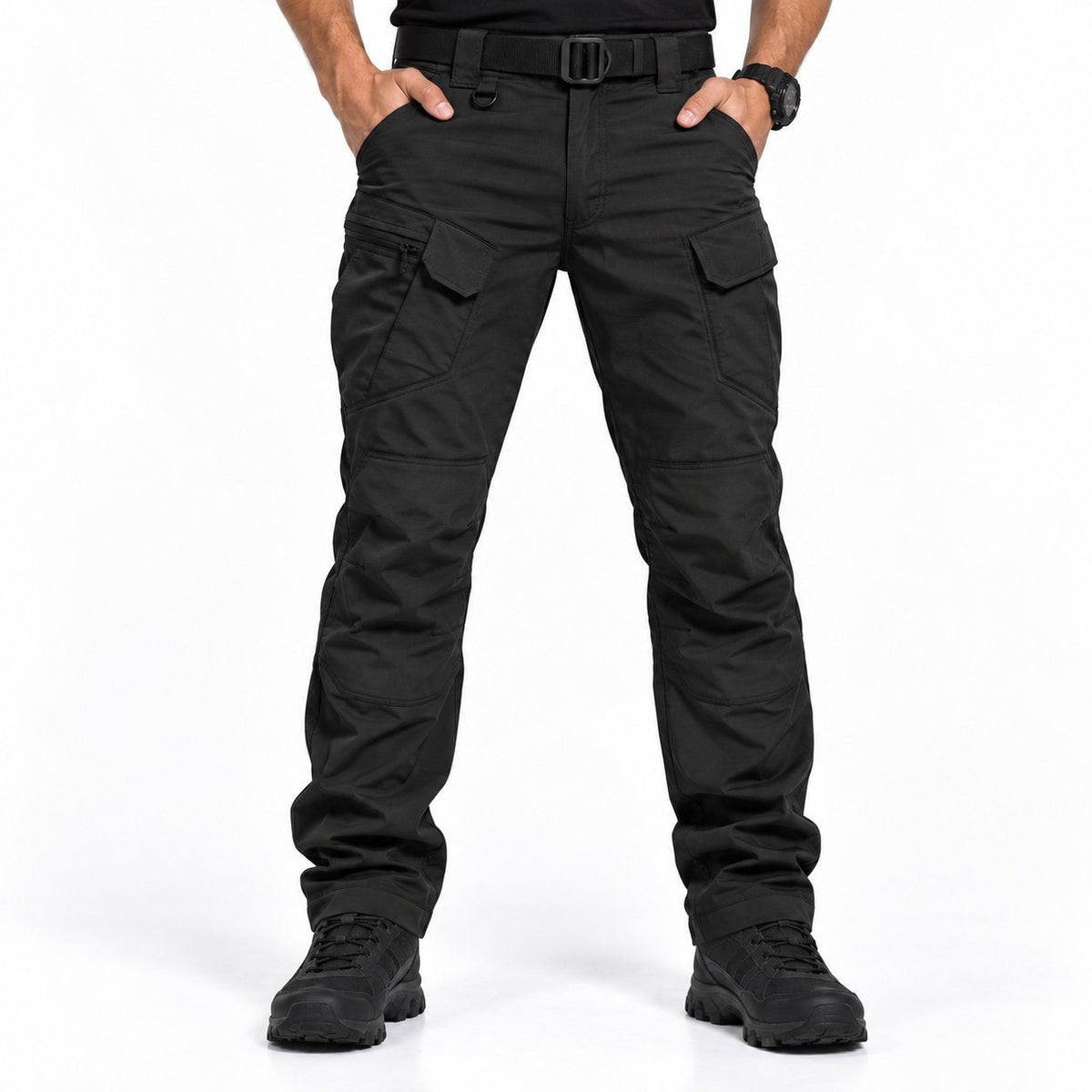 couleur Negru — Pantaloni cargo bărbați cu buzunare cu fermoar