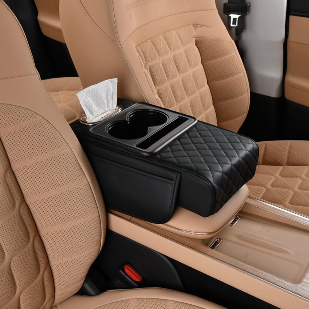 couleur Negru — Consolia™ – Cotieră Auto Matelasată cu 2 Suporturi de Pahare și Buzunare de Depozitare