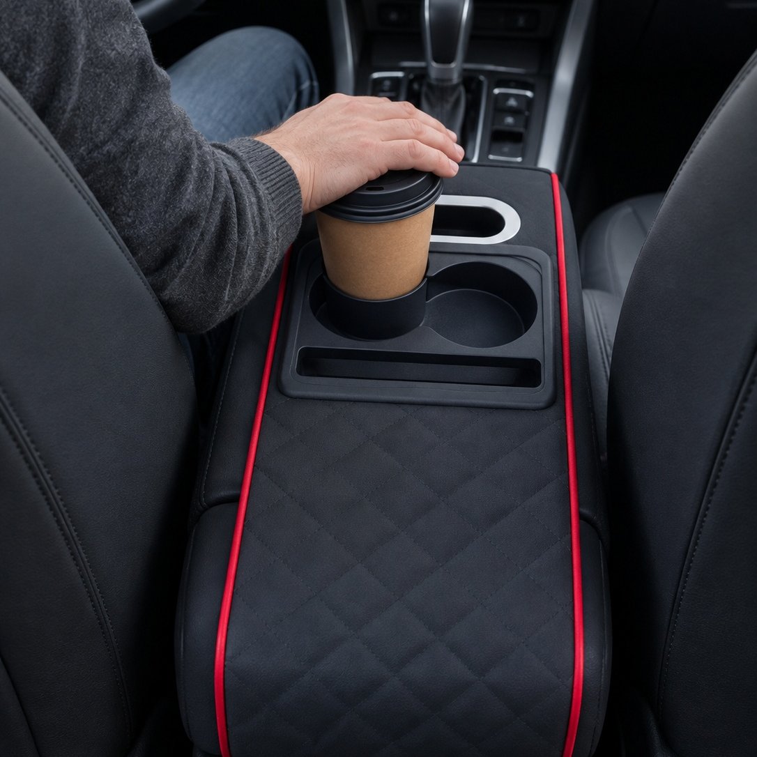packshot — Consolia™ – Cotieră Auto Matelasată cu 2 Suporturi de Pahare și Buzunare de Depozitare