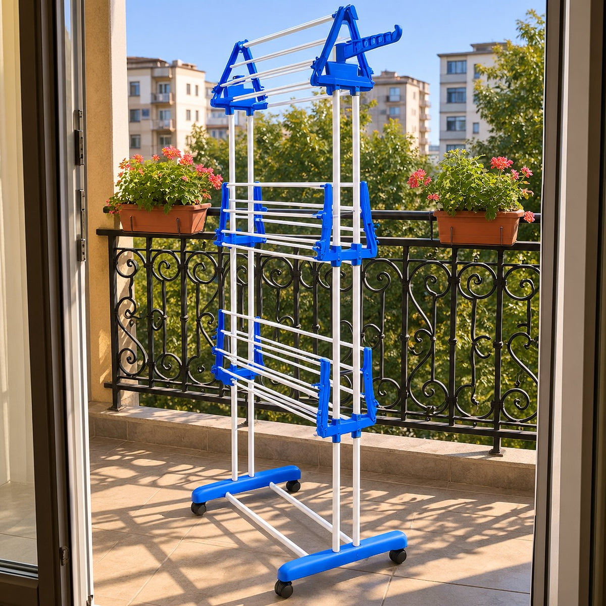 situation — Uscător Vertical de Rufe pe Roți – 3 Niveluri, Extensibil până la 64x170 cm, 14 Umerașe
