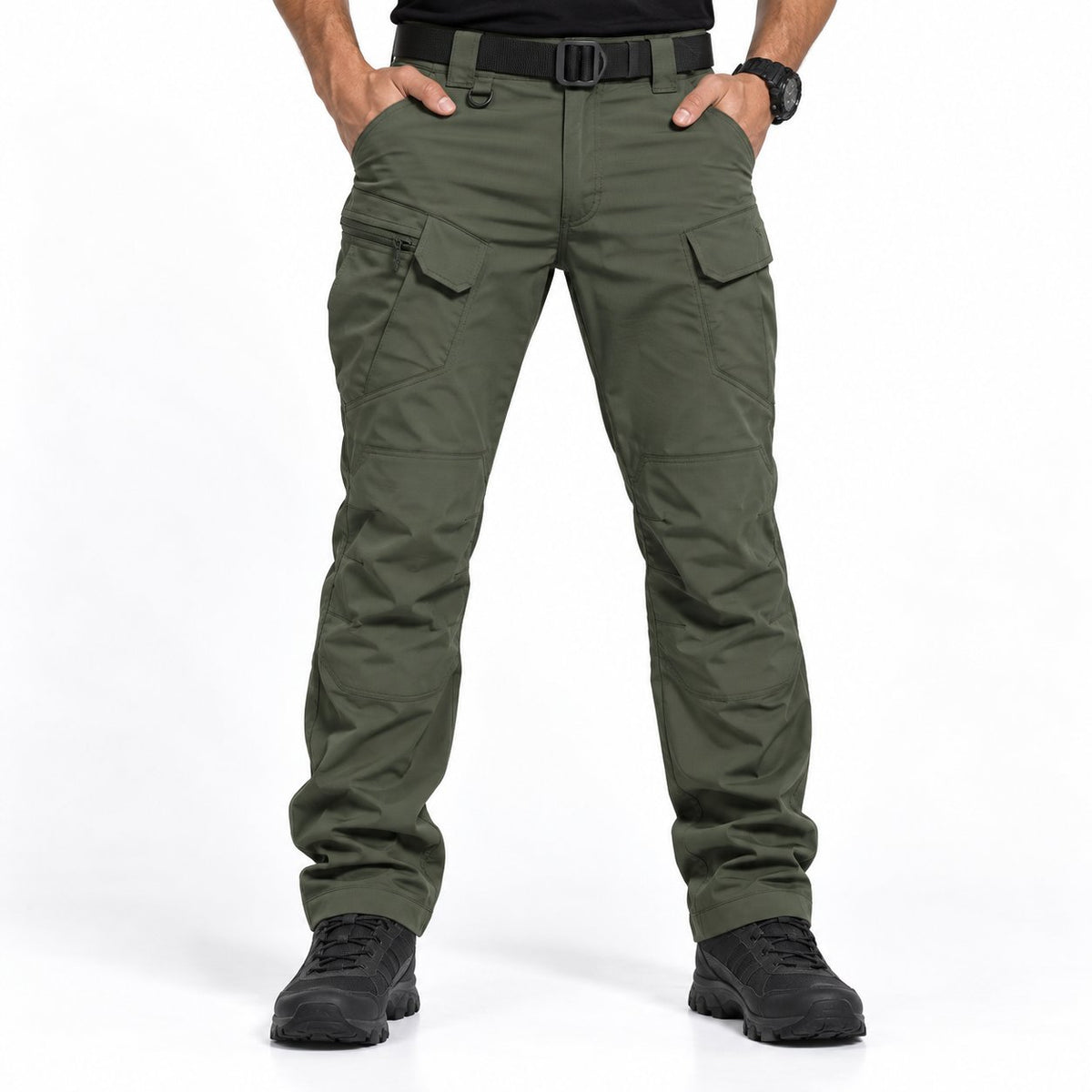 couleur Verde — Pantaloni cargo bărbați cu buzunare cu fermoar
