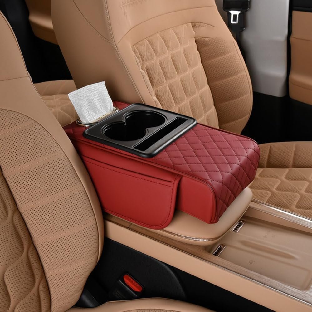couleur Vișiniu — Consolia™ – Cotieră Auto Matelasată cu 2 Suporturi de Pahare și Buzunare de Depozitare